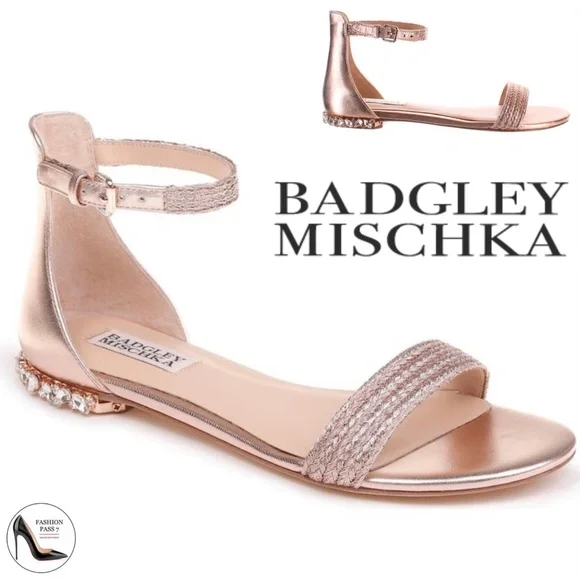 Badgley Mischka | Shoes | Badgley Mischka Steffie Rose Gold Ankle Strap  Flat Heels Bridal Dress Sandals 6 | Poshmark